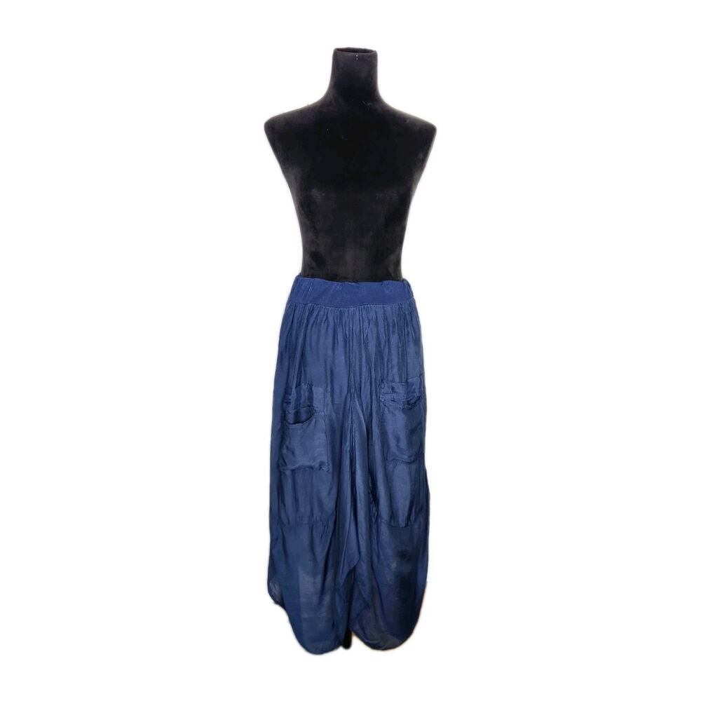 Made In Italy Navy Silk Blend Harem Assymetrical Midi Skirt Women's One Size